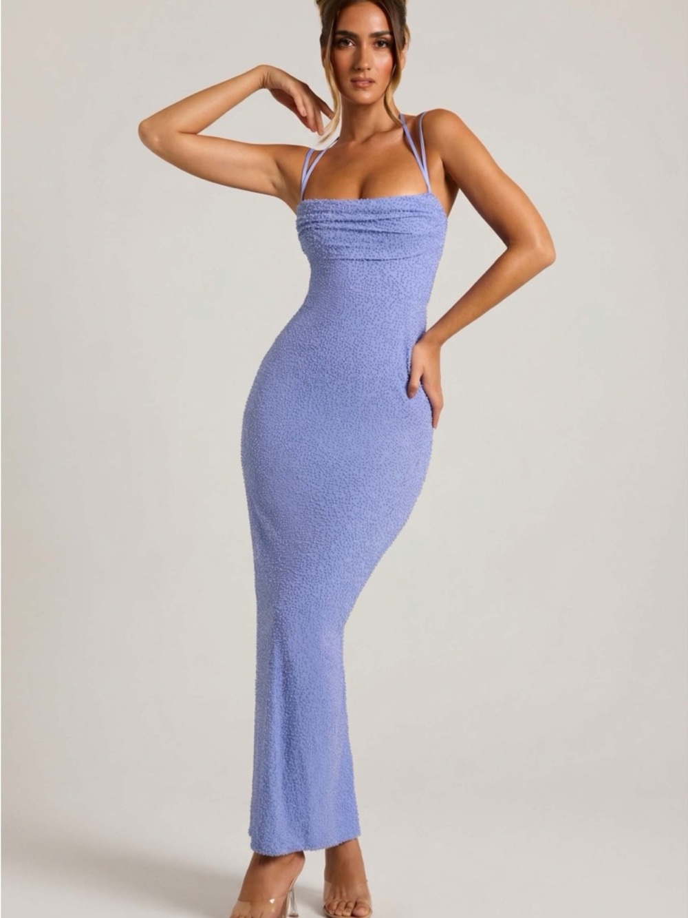 Oh Polly Embellished Cowl Neck Maxi Dress in Powder Blue